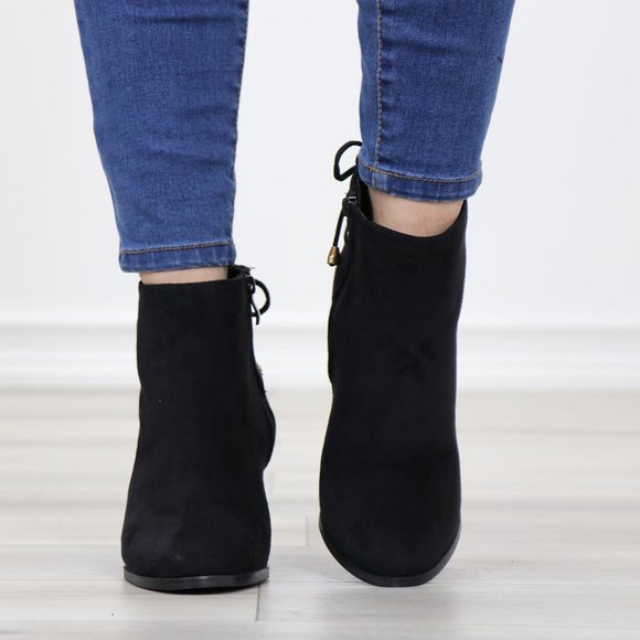 Black Pointed Toe Low Heel Ankle Boots Back Laces Booties Faux Suede - Picture 13 of 15